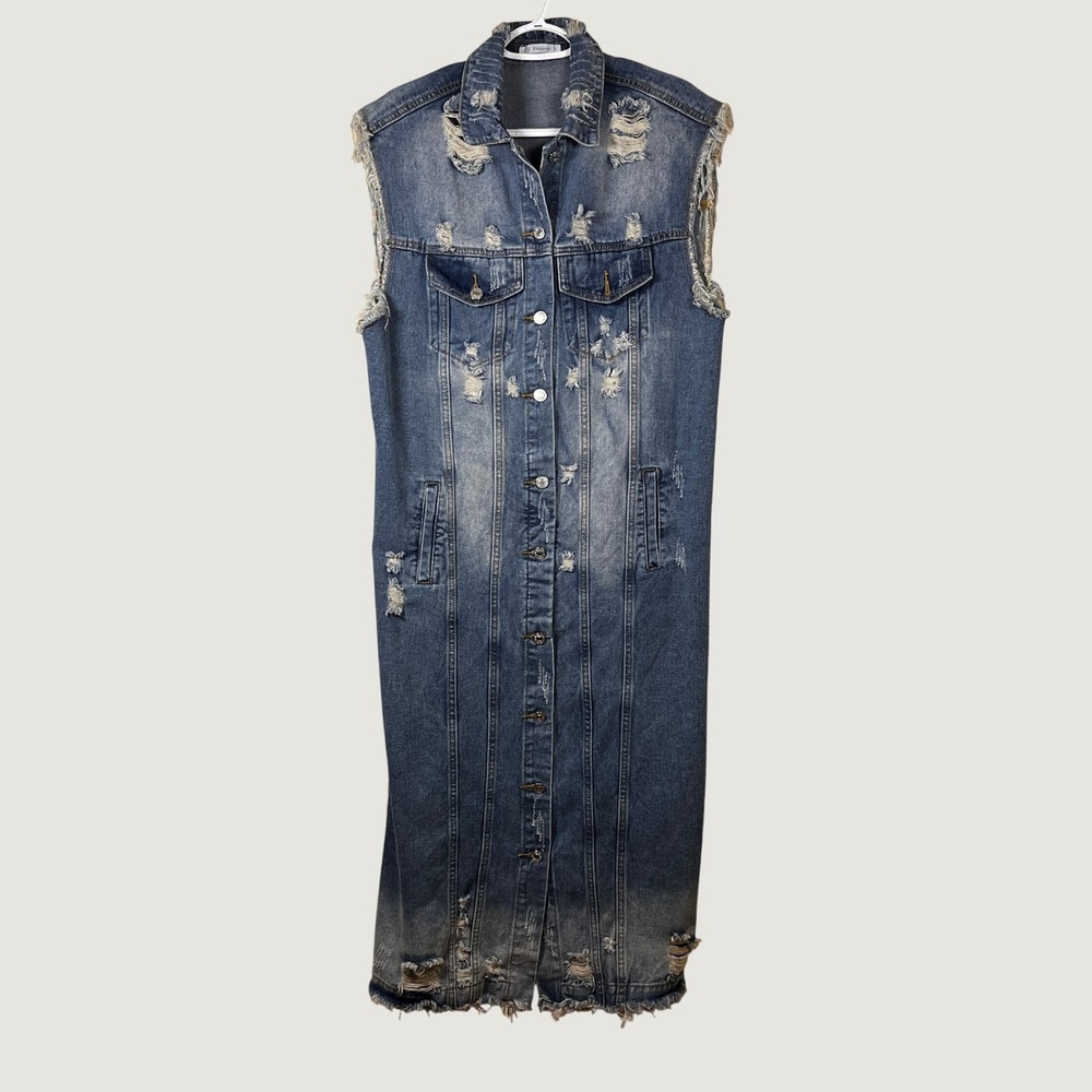 Veveret Longline Distressed Denim Vest Midi Dress M Grunge Festival Raw Hem